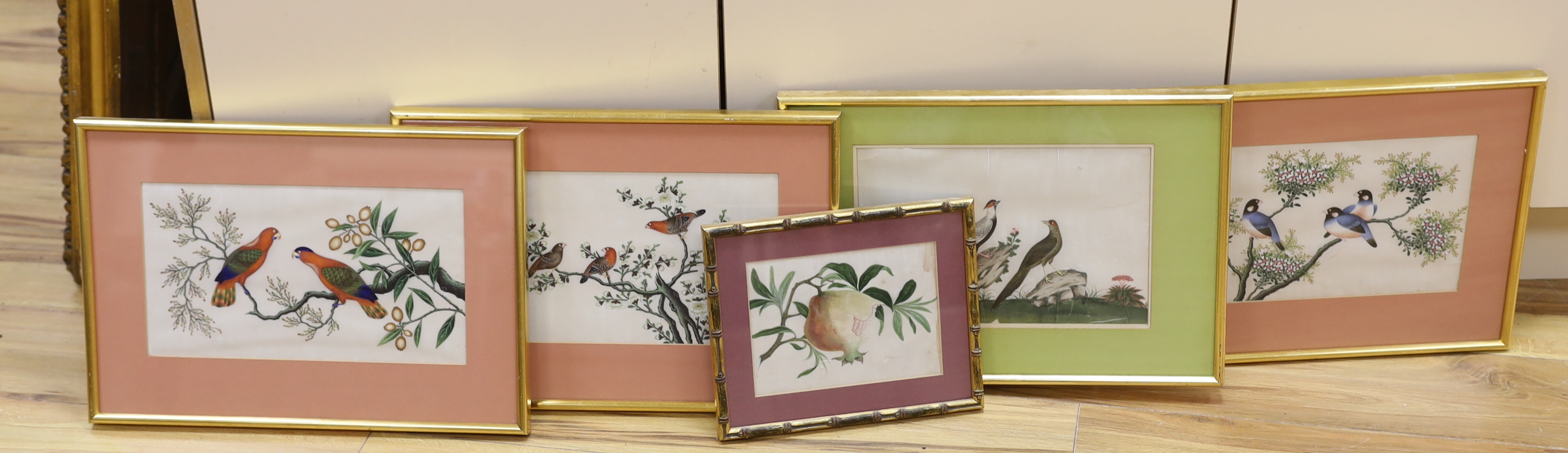 19th century, Chinese School, set of four pith paper paintings, Birds of Paradise, together with a similar example, Still life of a pomegranate, housed in a simulated bamboo frame, largest each 18.5 x 28cm